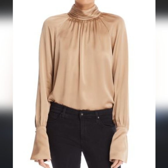 Joie Omara Mock neck blouse top size small tan long flare sleeve shimmer - Picture 1 of 8